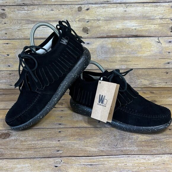 WB Moccasin Size Mens 6 Womens 7 True Black Hemera Fringe 100% Leather Suede - Picture 10 of 16